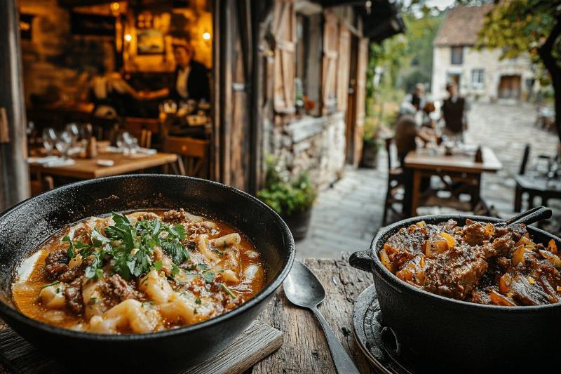 Plats traditionnels auvergnats servis avec générosité dans un restaurant typique de Clermont-Ferrand, illustrant le bon resto Clermont Ferrand